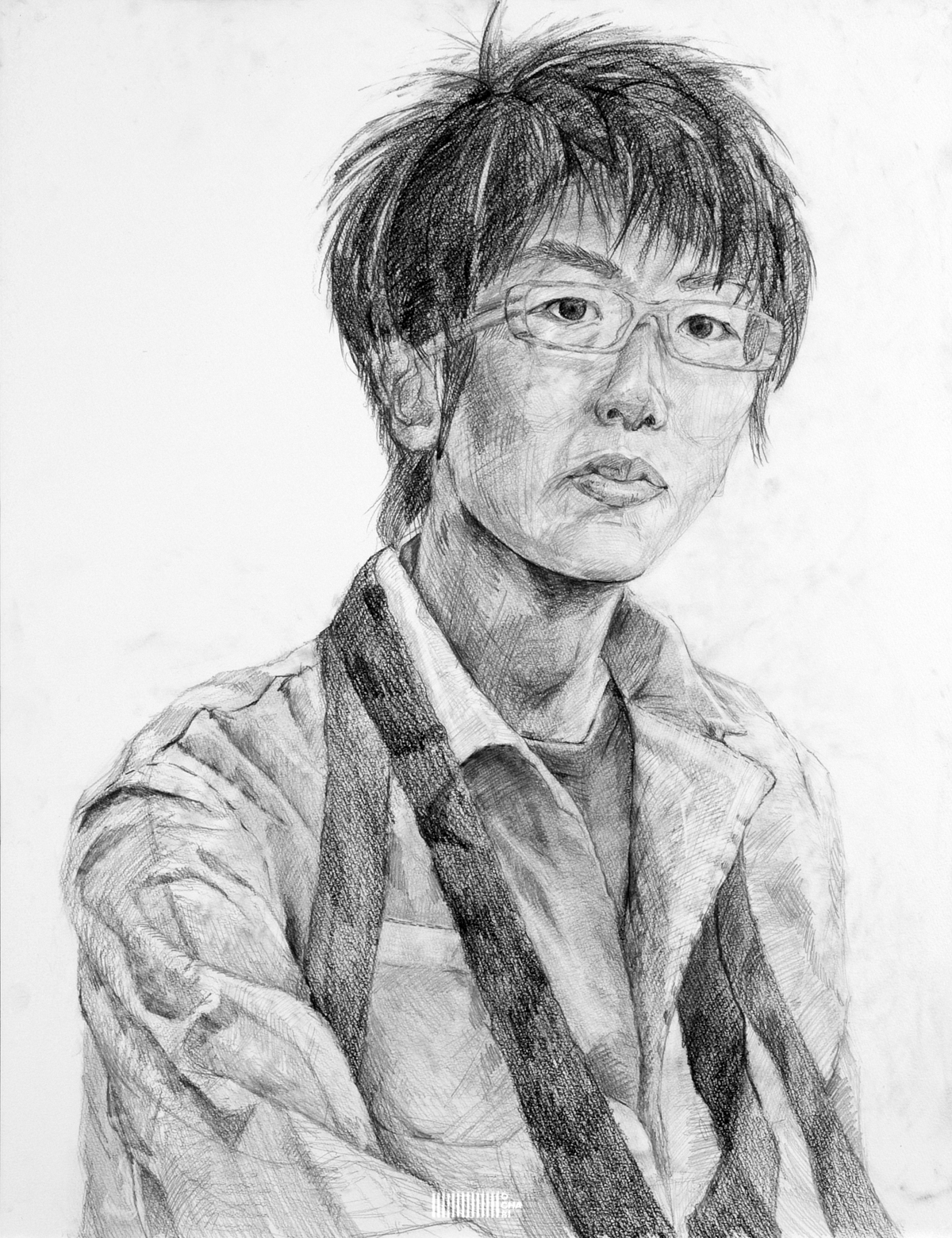 南口清ニ作 モノクロ 人物鉛筆画 6号フレーム付き 東京芸術大学 油絵